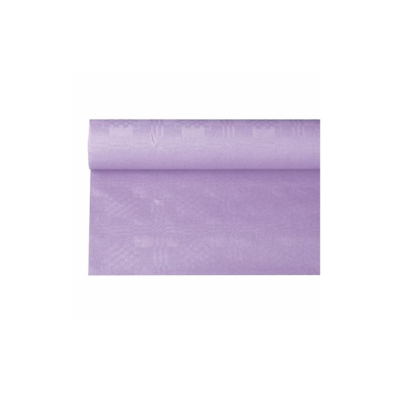 Rulla PAPSTAR damastikuvioitua paperipöytäliinaa, vaaleassa lilassa sävyssä, joka muistuttaa juhlallista tilaisuutta, rullautuu elegantisti valkoiselle alustalle ja paljastaa sileän pintansa ja tasaisen värinsä hienovaraisella damastikuviollaan.