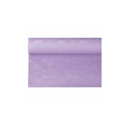 Rulla PAPSTAR damastikuvioitua paperipöytäliinaa, vaaleassa lilassa sävyssä, joka muistuttaa juhlallista tilaisuutta, rullautuu elegantisti valkoiselle alustalle ja paljastaa sileän pintansa ja tasaisen värinsä hienovaraisella damastikuviollaan.