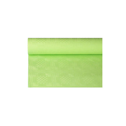 Vaaleanvihreän damastikuvioidun paperipöytäliinan rulla PAPSTAR GmbH:lta, kooltaan 6 m x 1,2 m, ihanteellinen juhlatilaisuuksiin, on osittain rullattu valkoiselle alustalle.