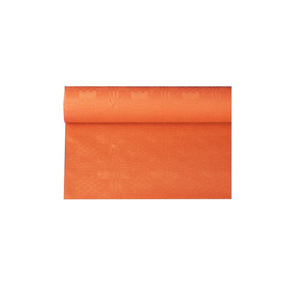 Osittain rullattu PAPSTAR paperipöytäliina damastikuvioinnilla, kooltaan 6 x 1,2 m, esittelee monimutkaista kuviotaan ja rakennettaan yksinkertaista valkoista taustaa vasten.