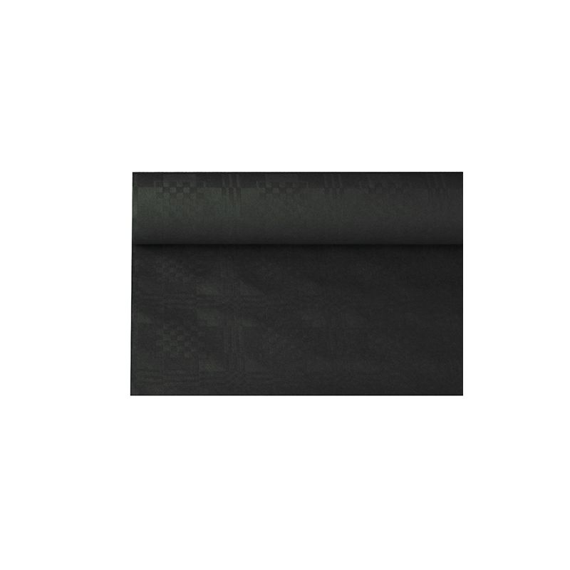 PAPSTAR damastikuvioitu paperipöytäliina PAPSTAR GmbH:lta on tummasta kankaasta tehty rulla, jossa on hienovarainen damastikuvio ja geometrinen kuvio valkoisella taustalla, ja se sopii täydellisesti juhlatilaisuuksiin tuomaan eleganssia.