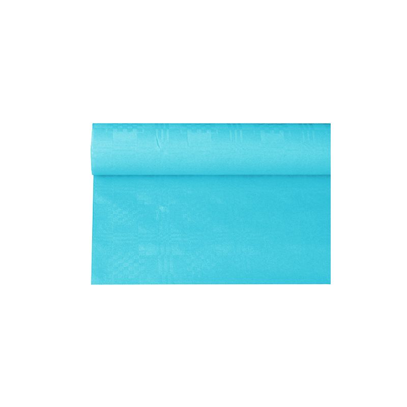 Rulla PAPSTAR paperipöytäliinaa damastikuvioinnilla kirkkaassa sinisessä sävyssä, tunnettu sileästä tekstuuristaan ja monimutkaisesta damastikuvioinnistaan, on osittain rullattu auki yksinkertaisen valkoisen taustan päällä – ihanteellinen juhlatilaisuuksiin.