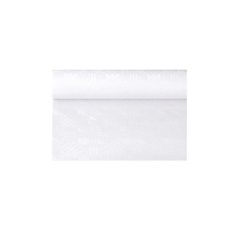 Rulla PAPSTAR paperipöytäliinaa damastikuvioinnilla PAPSTAR GmbH:lta, joka muistuttaa yksinkertaista valkoista tapettia juhlatilaisuuksiin, on osittain rullattu auki ja esittelee sileän ja tasaisen tekstuurinsa yksinkertaista valkoista taustaa vasten.