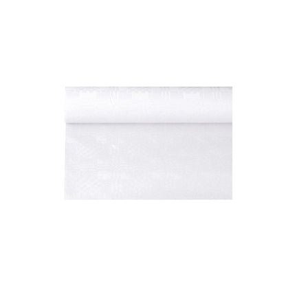 Rulla PAPSTAR paperipöytäliinaa damastikuvioinnilla PAPSTAR GmbH:lta, joka muistuttaa yksinkertaista valkoista tapettia juhlatilaisuuksiin, on osittain rullattu auki ja esittelee sileän ja tasaisen tekstuurinsa yksinkertaista valkoista taustaa vasten.