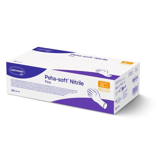 Paul Hartmann AG:n Peha-soft® nitrile fino -kertakäyttökäsineiden pakkaus, lateksiton ja puuteriton, valko-violetti pakkaus, koot XS–S. Pakkauksessa on sivulla kuva kädestä, jossa on käsine, sekä viivakoodit ja tuotetiedot.