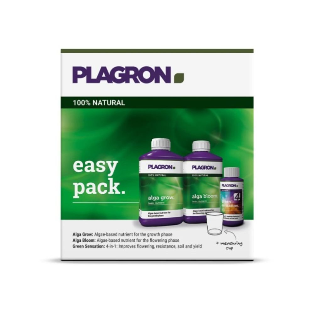Plagron Easy Pack Natural by Bertels B.V. sisältää kolme pulloa, joissa on vihreät ja violetit etiketit "Alga Grow" ja "Alga Bloom" sekä pienen mittakupin. Se käyttää orgaanista peruslannoitetta ja tarjoaa siten tarkan kasviravitsemuksen kompaktissa pakkauksessa.
