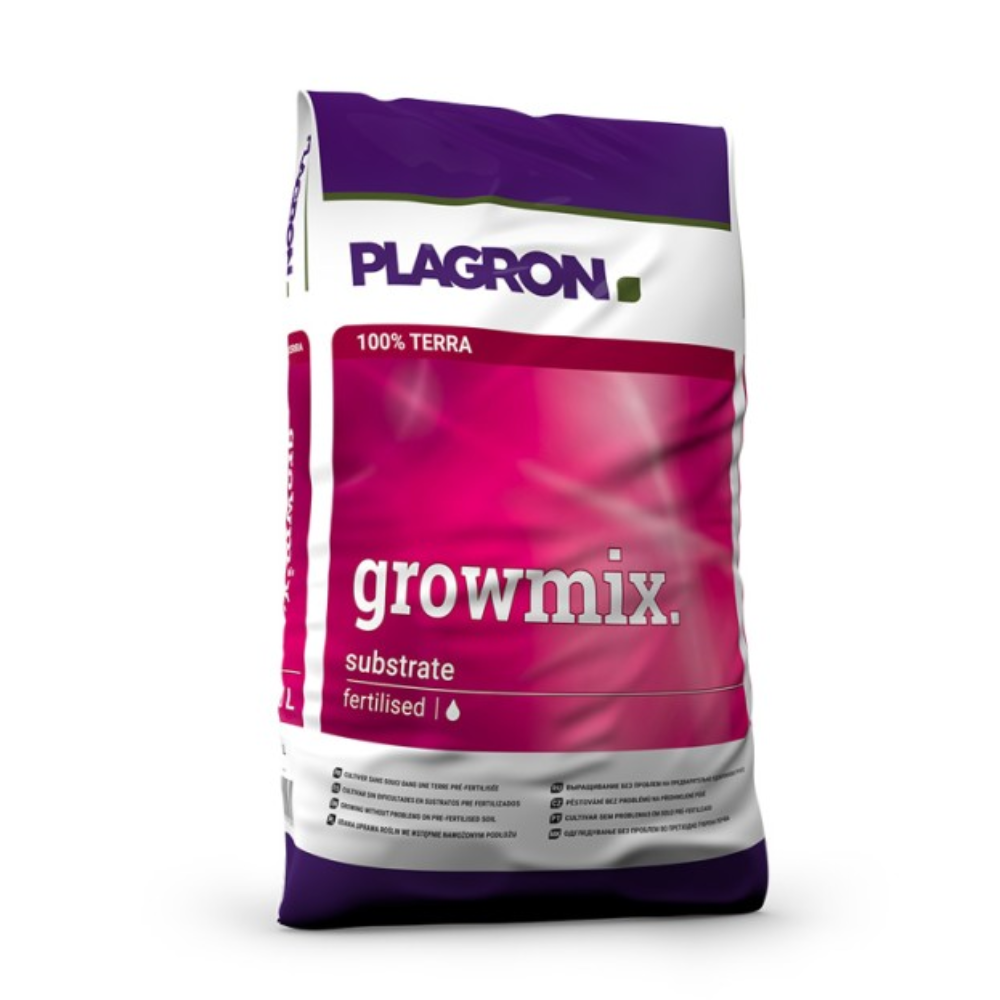 Plagron Growmix Perlite-pussilla Bertels B.V.:ltä on esitelty ainutlaatuisessa liila-vaaleanpunaisessa designissa, jossa on huomattava valkoinen teksti. Se koostuu 100 % Terrasta, johon on lisätty matokompostia paremman ilmanläpäisevyyden saavuttamiseksi, ja tuotemerkin logo näkyy selvästi ylhäällä.
