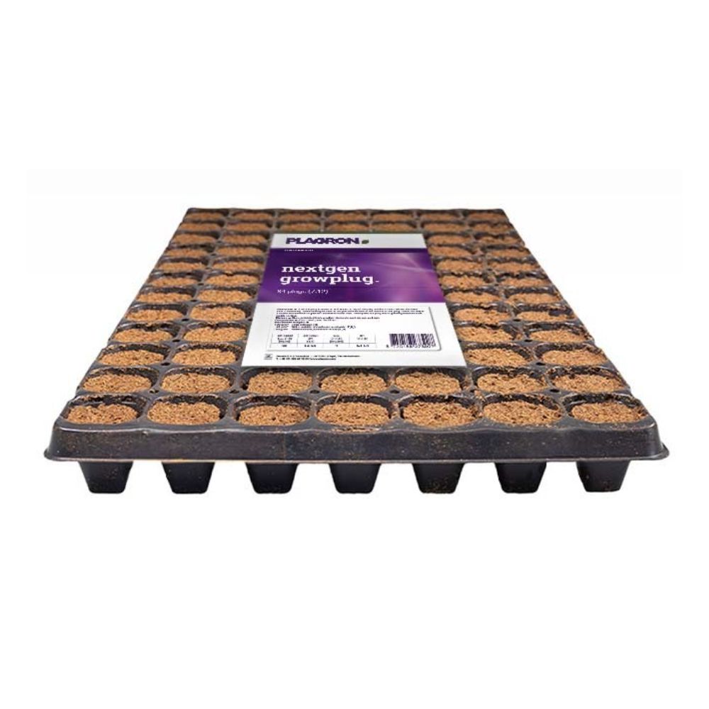 Plagron NextGen Growplug Bertels B.V.:ltä sisältää 84 maalla täytettyä lokeroa, jotka on rikastettu kookoskuiduilla paremman juurikasvun aikaansaamiseksi. Siinä on istutukseen ihanteellisesti soveltuva ritilämalli, ja sen pinnalla on huomiota herättävä tuoteinformaatiotarra.