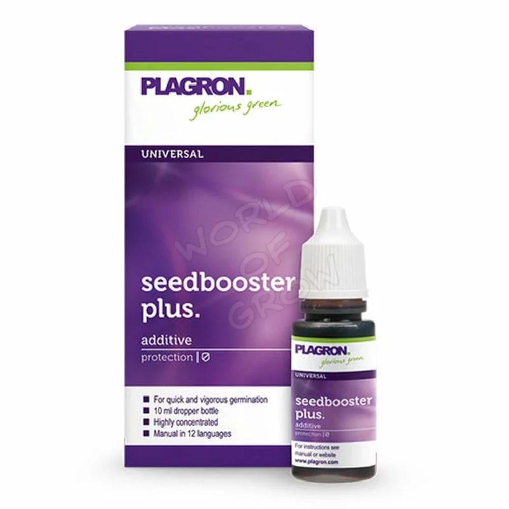 Kuva näyttää Plagron Seedbooster Plus 10ml -pullon Bertels B.V.:ltä sen violetti-valkoisen pakkauksen vieressä. Tämä tärkeä lisäaine edistää nuorten kasvien nopeaa itämistä. Pakkauksen mukana on ohjeet 12 kielellä.