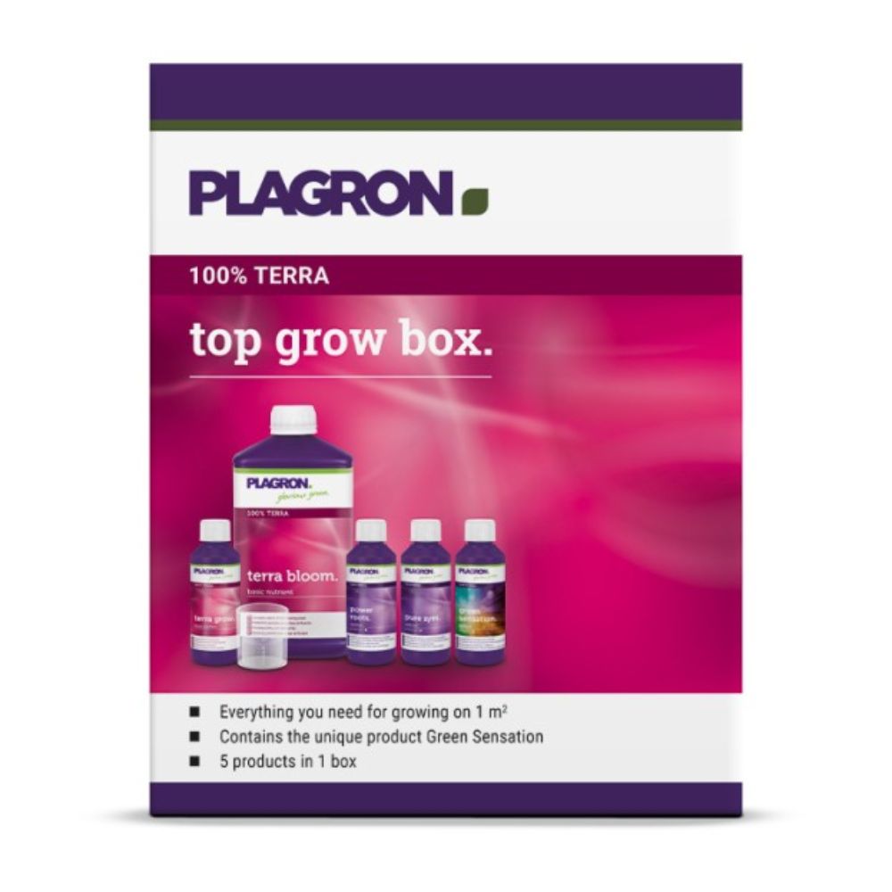 „Plagron Top Grow Box 100% Terra - Kasvatuspakkaus maalle | 1 kappale“ Bertels B.V.:ltä sisältää pulloja kuten „Terra Bloom“ ja „Terra Grow“. Laatikko on suunniteltu violetiksi ja vaaleanpunaiseksi ja siinä on teksti, joka kuvaa sen ominaisuuksia ja sisältöä.