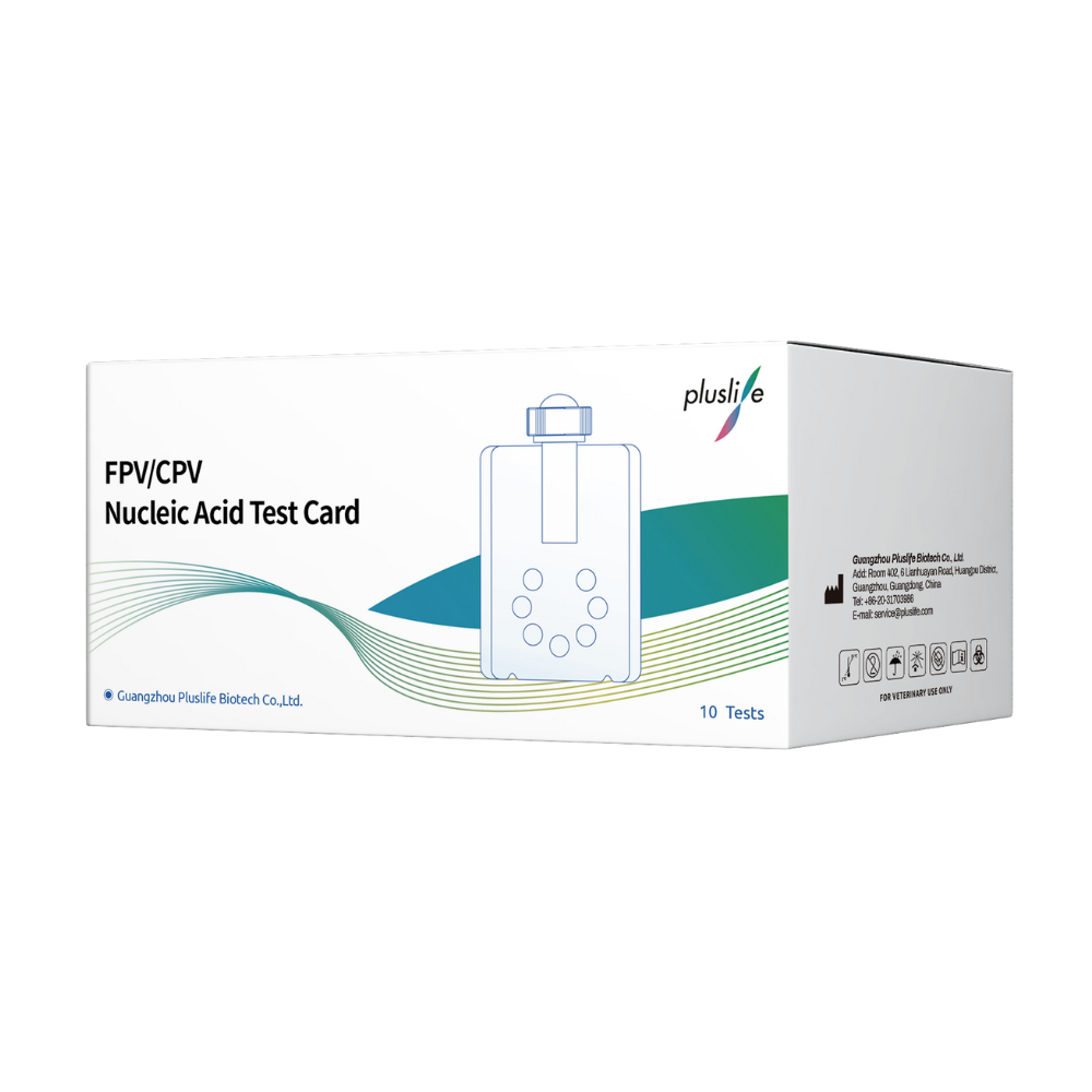 Näkyvissä on valkoinen laatikko, jossa on teksti ”Pluslife FPV/CPV-kortti, nukleiinihappotestisarja koirille ja kissoille | Pakkaus (10 kappaletta)” Pluslifelta. Laatikossa on yksinkertainen kuva testikortista ja teksti osoittaa, että se sisältää 10 testiä. Tämä Guangzhou Pluslife Biotech Co., Ltd:n valmistama nukleiinihappotestisarja on ihanteellinen koirien terveystarkastuksiin.