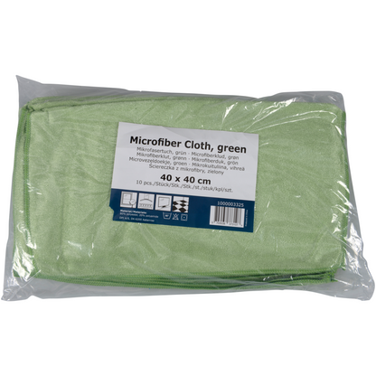 Eine 10er-Packung Abena Re-Seller GmbH Mikrofasertuch Shiny-Stretch Tücher, je 40x40 cm, ist gefaltet und versiegelt in einem durchsichtigen Plastikbeutel mit mehrsprachiger Beschriftung.