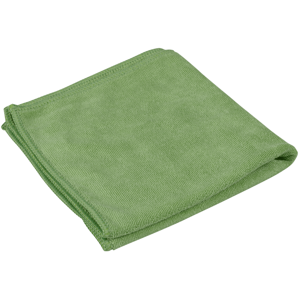 Taitettu vihreä mikrokuituliina ENA Platin (32x32 cm) Abena Re-Seller GmbH:lta esitellään yksinkertaista valkoista taustaa vasten.