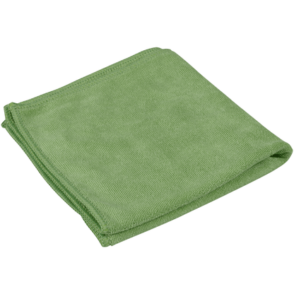 Taitettu vihreä mikrokuituliina ENA Platin (32x32 cm) Abena Re-Seller GmbH:lta esitellään yksinkertaista valkoista taustaa vasten.