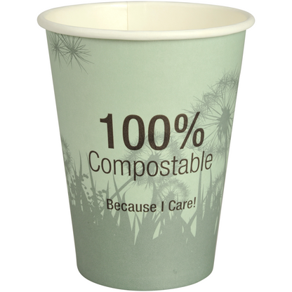 Kahvimuki, kompostoitava "Dandelion" Abena Re-Seller GmbH:lta, on vihreä muki, jossa on teksti "100% Compostable Because I Care!" ja hillitty voikukkakuvio taustalla.