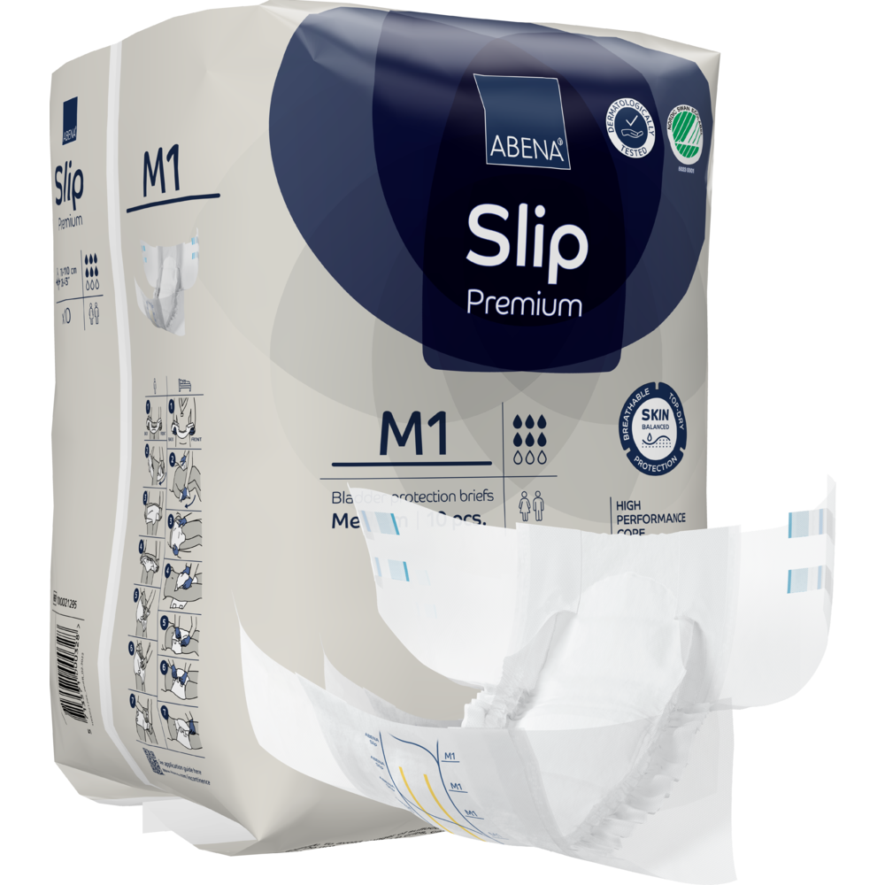 Eine Verpackung von ABENA Slip Premium von Abena Re-Seller GmbH wird gezeigt, wobei ein Slip teilweise entfernt wurde, um das Design zu zeigen. Die Verpackung hebt Produktdetails und Icons für die wichtigsten Merkmale hervor.