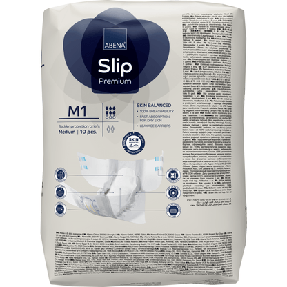 Pakkaus ABENA Slip Premium -vaippoja Abena Re-Seller GmbH:ltä, keskikokoinen, 10 kappaletta. Suunniteltu inkontinenssihoitoon monikielisellä pakkauksella, joka sisältää ominaisuudet, sertifikaatit ja käyttöohjeet.