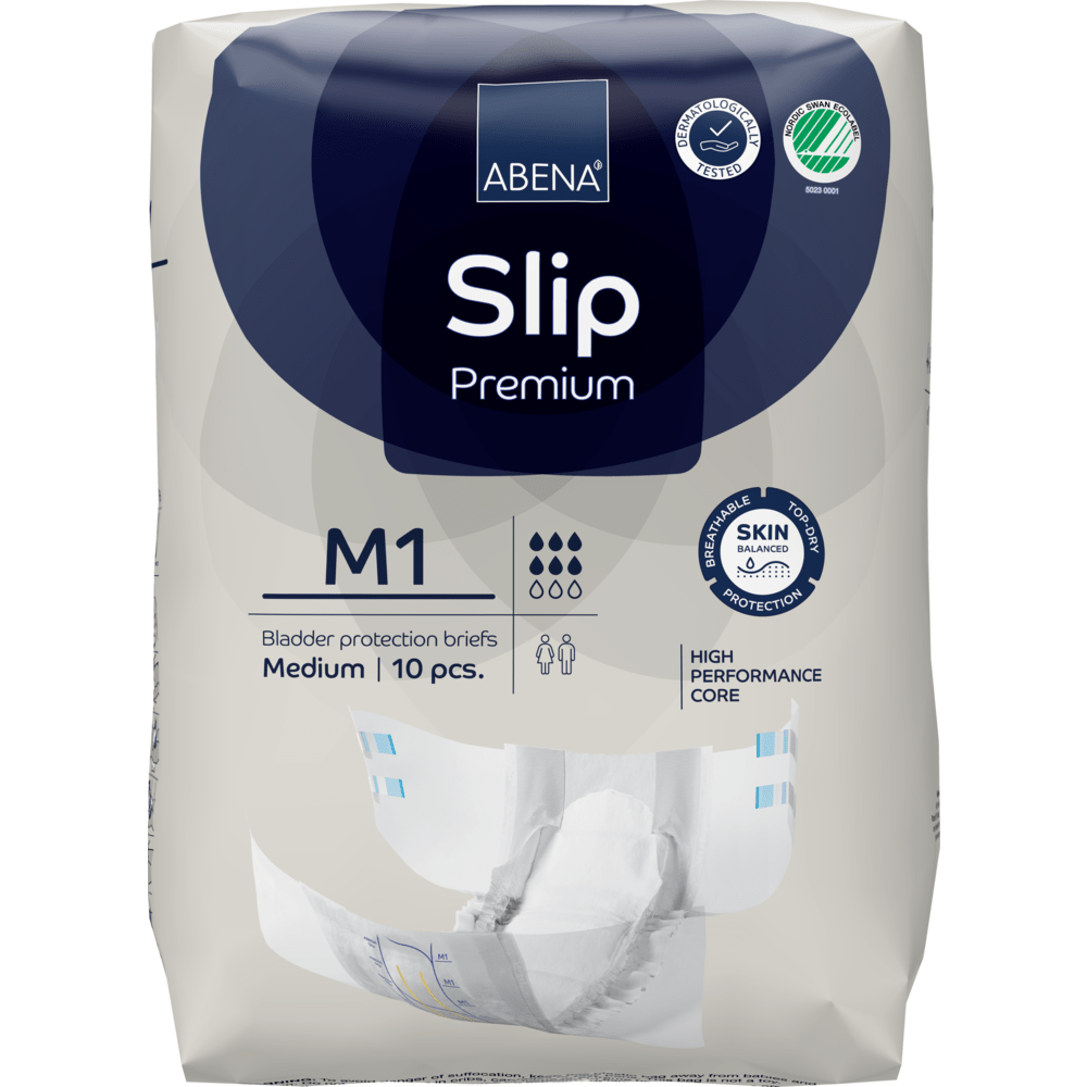 ABENA Slip Premium Abena Re-Seller GmbH:ltä, keskikokoinen, 10 kappaleen pakkaus. Suunniteltu inkontinenssihoitoon suorituskykyisellä ytimellä ja edistyneellä ihonsuojalla, kuten pakkauksessa on ilmoitettu.