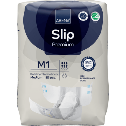 ABENA Slip Premium Abena Re-Seller GmbH:ltä, keskikokoinen, 10 kappaleen pakkaus. Suunniteltu inkontinenssihoitoon suorituskykyisellä ytimellä ja edistyneellä ihonsuojalla, kuten pakkauksessa on ilmoitettu.