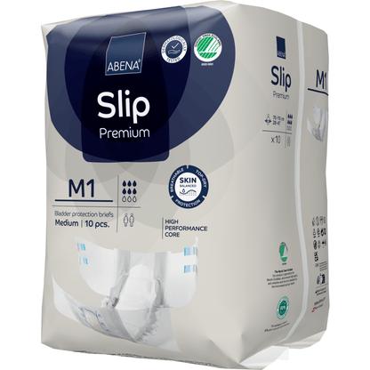 Pakkaus ABENA Slip Premium -vaippoja Abena Re-Seller GmbH:ltä, koko M1 (medium), sisältää 10 kappaletta ja erottuu ihoystävällisillä materiaaleilla ja tehokkaalla ytimellä tehokkaaseen inkontinenssisuojaukseen.