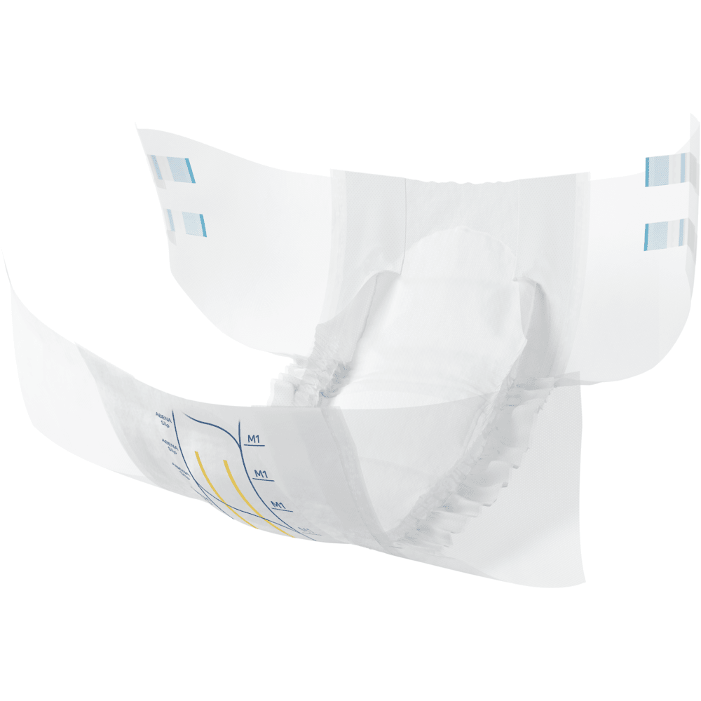 ABENA Slip Premium Abena Re-Seller GmbH:ltä on varustettu joustavilla jalka-aukoilla, sivutarrakiinnityksillä ja sinisillä/keltaisilla indikaattorilinjoilla, jotka on esitetty avoimesti ja eristetysti valkoisella taustalla optimaalisen inkontinenssihoidon takaamiseksi.