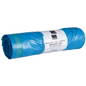 Eine Rolle Abena Re-Seller GmbH Abfallsäcke 120 L mit Zugband, 700x1050mm, 38 my, blau; weißes Etikett mit Info in Deutsch/Englisch. Jede Rolle enthält 25 Säcke, ideal für die Müllentsorgung.