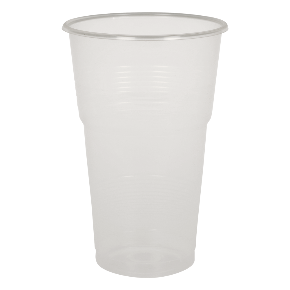 Ein transparenter, leerer Kunststoffbecher aus der Serie Trinkgläser, PP der Abena Re-Seller GmbH steht aufrecht auf einem einfarbig weißen Hintergrund und hebt seine Haltbarkeit und die Konstruktion aus Polypropylen (PP) hervor.