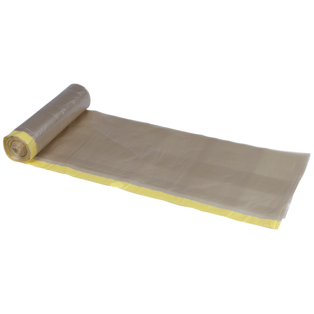 Eine teilweise abgerollte Rolle Abena Re-Seller GmbH Abfallsäcke 120 L, transparent mit gelber Kordel (700x1010mm, 55 my), 10 Beutel pro Rolle, wird auf weißem Hintergrund dargestellt.