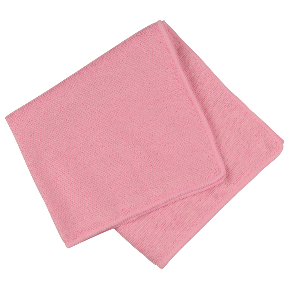 Kuvassa on Abena Re-Seller GmbH:n taiteltu vaaleanpunainen ENA Standard -mikrokuituliina, 40x40 cm, näkyvällä reunasaumalla valkoisella pohjalla.