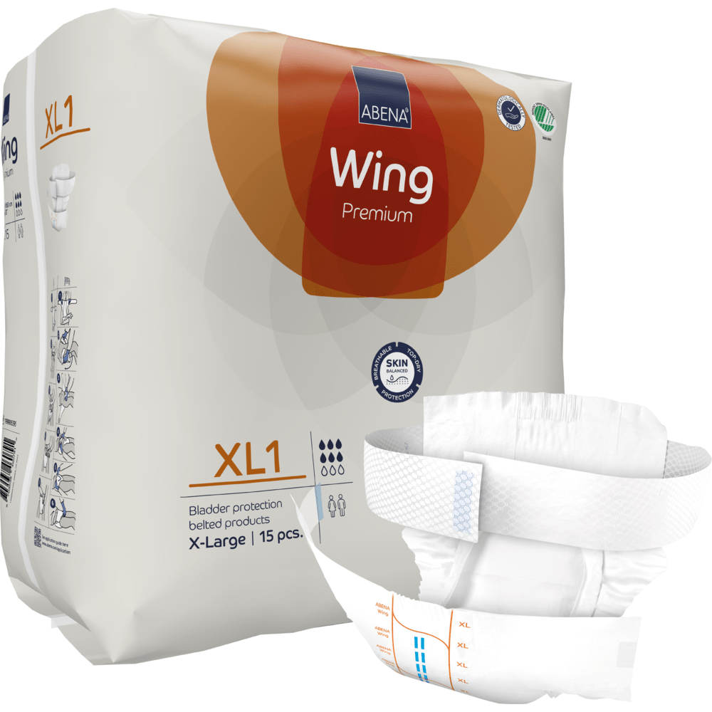 Pakkaus ABENA Wing Premium Abena Re-Seller GmbH:ltä, koko XL1, sisältää 15 kappaletta suojaa ja mukavuutta varten, X-Large-pakkauksella ja avattu vaippa etualalla.