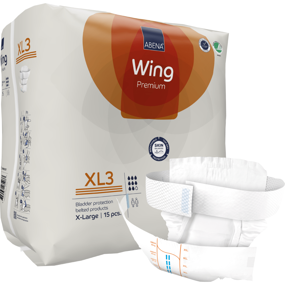 Kuvassa on ABENA Wing Premium -pakkaus Abena Re-Seller GmbH:lta, merkitty virtsarakon suojaksi ja ihon terveydelle, edessä avattu X-Large vaippa; pakkaus sisältää 15 kappaletta suojaa ja mukavuutta varten.