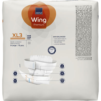 Pakkaus ABENA Wing Premium XL3 Abena Re-Seller GmbH:lta sisältää 15 erittäin suurta vaippaa, joissa on kuvia ja symboleja, jotka korostavat parasta suojaa, ihon tasapainoa ja nopeaa imukykyä.