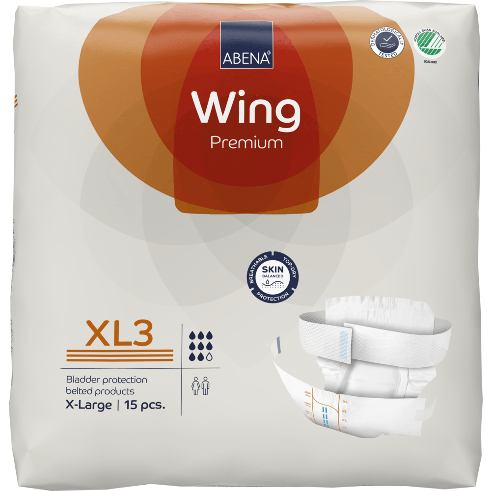 Pakkaus ABENA Wing Premium -vaippoja Abena Re-Seller GmbH:lta, koko X-Large, 15 kappaletta, tuotteen kuvalla ja kuvakkeilla parasta suojaa, imukykyä ja käytettävyyttä varten.