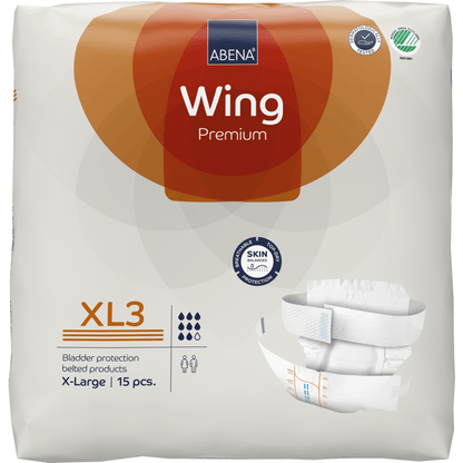 Pakkaus ABENA Wing Premium -vaippoja Abena Re-Seller GmbH:lta, koko X-Large, 15 kappaletta, tuotteen kuvalla ja kuvakkeilla parasta suojaa, imukykyä ja käytettävyyttä varten.