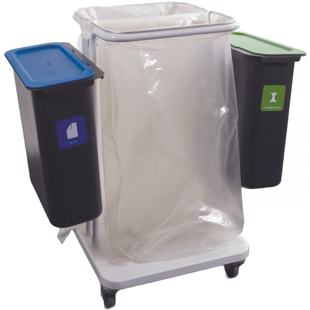 Liikuteltava kierrätysasema, jossa on Sækkopoika 2 l läpinäkyvä keskeinen säkkiteline ja kaksi Abena Re-Seller GmbH -jäteastiaa 10,2 l Sækkopoika-sarjasta: sininen kansi "Paperi" ja vihreä kansi "Bio".
