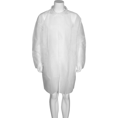 Vierailijatakki, Nonwoven/PP, valkoinen Abena Re-Seller GmbH:lta on kertakäyttölaboratoriotakki, jossa on pitkät hihat, kaulus ja napit edessä, esitettynä mallinukella.