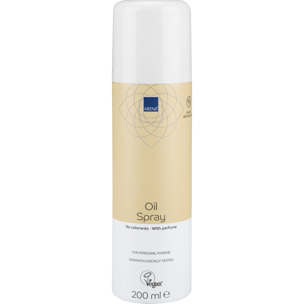 200 ml:n sylinterimäinen Abena Re-Seller GmbH:n öljyspray, kevyesti hajustettu, beige-valkoisessa pullossa, jossa on merkinnät "Ei väriaineita", "Kevyesti hajustettu" ja "Vegaani", valkoisella korkilla. Myydään laatikoittain (12 pakkausta).