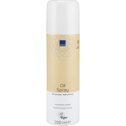200 ml:n sylinterimäinen Abena Re-Seller GmbH:n öljyspray, kevyesti hajustettu, beige-valkoisessa pullossa, jossa on merkinnät "Ei väriaineita", "Kevyesti hajustettu" ja "Vegaani", valkoisella korkilla. Myydään laatikoittain (12 pakkausta).