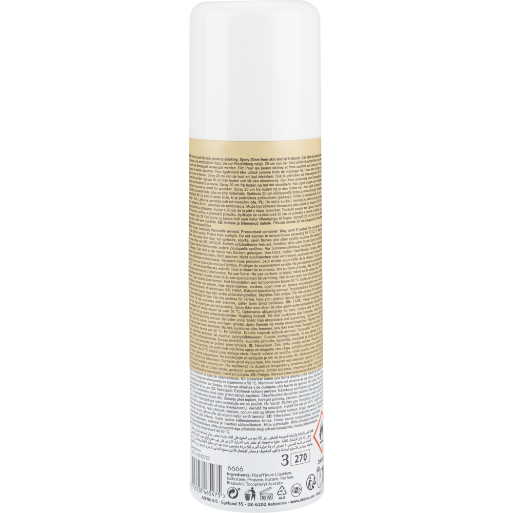 Öljyspray, kevyesti hajustettu (200 ml) Abena Re-Seller GmbH:lta, pystyasennossa valkoisella korkilla ja yksityiskohtaisella takatarralla, jossa on ohjeet, varoitukset ja kierrätystiedot. Myydään laatikoissa, joissa on 12 kappaletta.