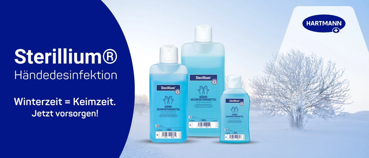 Werbeanzeige für Sterillium® Händedesinfektion: drei blaue Desinfektionsmittel-Flaschen vor winterlicher Schneelandschaft, links der Schriftzug „Sterillium® Händedesinfektion“ mit dem Text „Winterzeit = Keimzeit. Jetzt vorsorgen!“, oben rechts das HARTMANN-Logo.