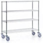 Der Novocal Regalwagen aus Präzisionsstahl, vernickelt und hochglanzverchromt, mit 4 Eckpfosten und 4 Ablagen ist ideal für Lagerung und flexiblen Transport von Waren. Packung: 1 Stück.