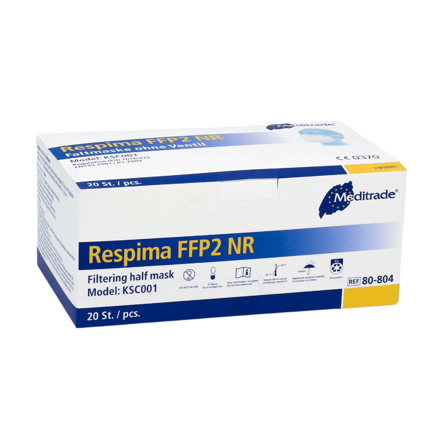 Meditrade Respima FFP2 hengityssuojainrasia esitellään yksinkertaista taustaa vasten. Valkoinen laatikko, jossa on sinisiä yksityiskohtia, osoittaa, että se sisältää 100 kappaletta, ja sen yläoikeassa kulmassa on näkyvästi tuotemerkki Meditrade GmbH, joka tunnetaan henkilökohtaisista suojavarusteista.