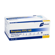 Meditrade Respima FFP2 hengityssuojainrasia esitellään yksinkertaista taustaa vasten. Valkoinen laatikko, jossa on sinisiä yksityiskohtia, osoittaa, että se sisältää 100 kappaletta, ja sen yläoikeassa kulmassa on näkyvästi tuotemerkki Meditrade GmbH, joka tunnetaan henkilökohtaisista suojavarusteista.