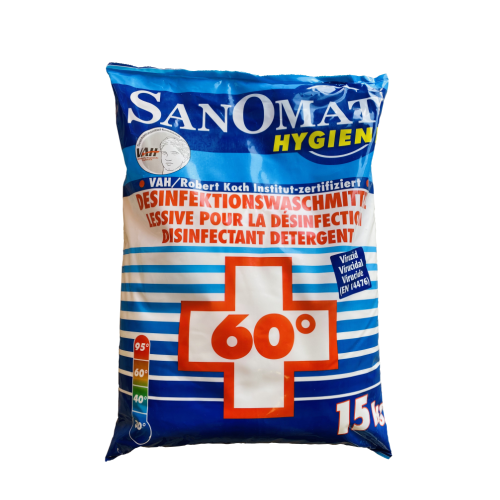 15 kg:n pakkaus Rösch Sanomat Desinfektionswaschmittel Rösch Germany GmbH:lta on sinipunainen ja siinä on näkyvä punainen risti. Se on RKI-listattu, VAH-sertifioitu ja sopii pesulämpötiloihin jopa 60 asteeseen asti.