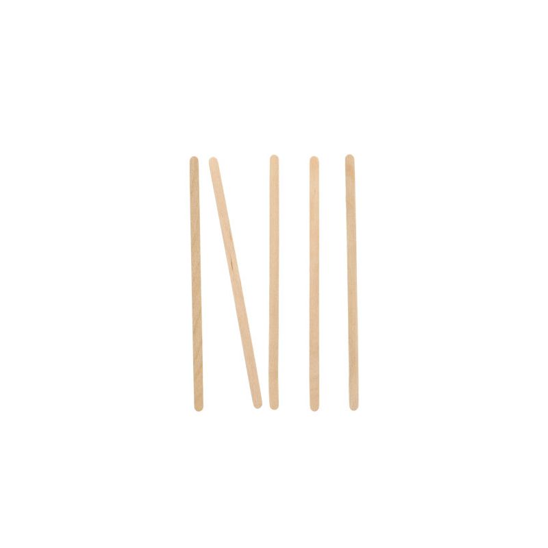 Viisi PAPSTAR puista "pure" sekoitustikkua (14 cm) PAPSTAR GmbH:ltä on aseteltu valkoiselle pohjalle tikku-ukkoina: neljä seisoo, yksi on asetettu viistosti muiden päälle.