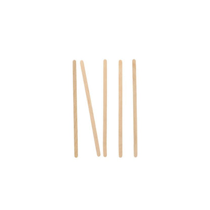 Viisi PAPSTAR puista "pure" sekoitustikkua (14 cm) PAPSTAR GmbH:ltä on aseteltu valkoiselle pohjalle tikku-ukkoina: neljä seisoo, yksi on asetettu viistosti muiden päälle.