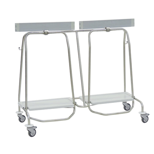 Der Novocal Zweifachabfallsammler "Genius" verfügt über einen Edelstahlrahmen mit vier Lenkrollen, zwei weißen Plattformen und oberen Stangen - ideal für eine effiziente Abfalltrennung. Alle Rohrverbindungen sind nahtlos verschweißt.