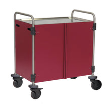 Ein rechteckiger Novocal Mehrzweckwagen, Edelstahl 3-seitig, mit vorderen Flügeltüren und Metallgriffen auf jeder Seite, verfügt über vier schwenkbare Lenkrollen. Packung: 1 Stück.