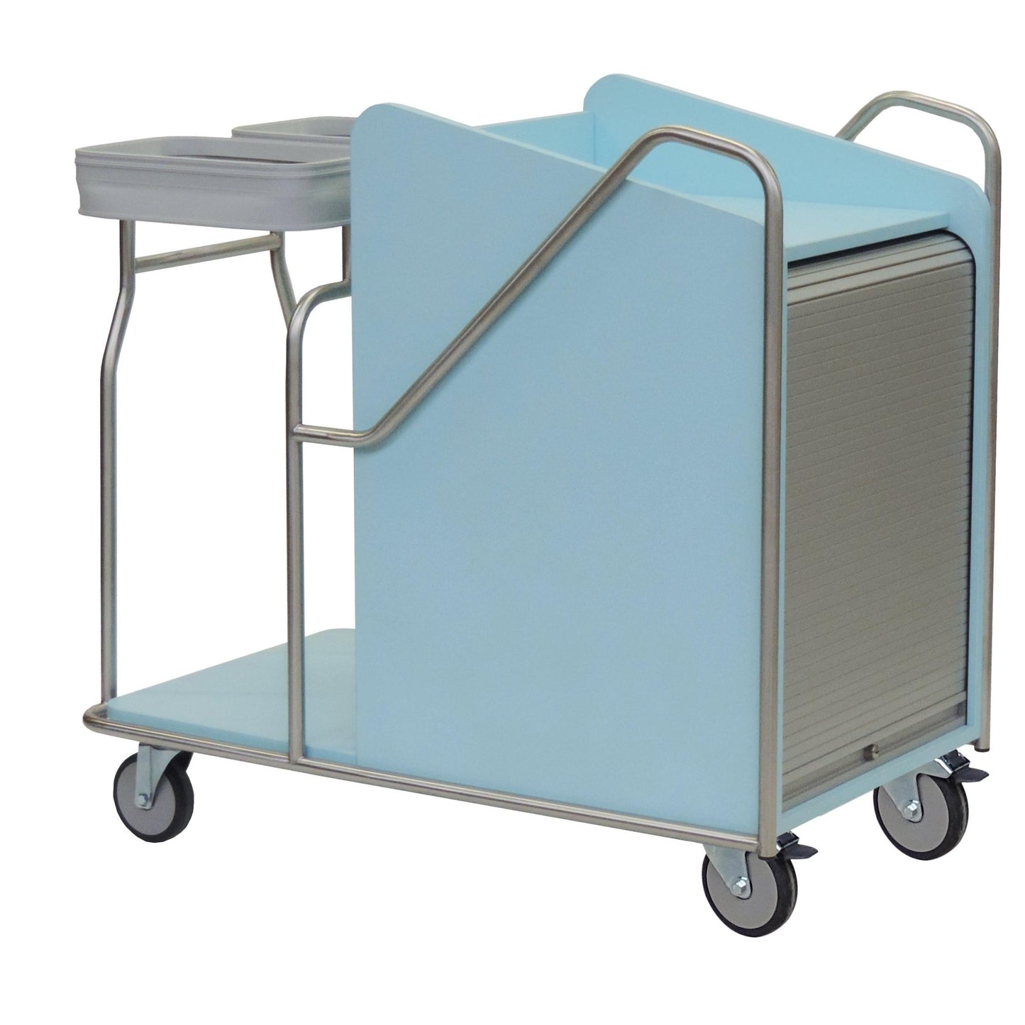 Novocal-asemavaunu, jossa on ruostumattomasta teräksestä valmistettu runko, täyshitsatut putkiliitokset, neljä pyörää, sivuseinä, kaksi harmaata säiliötä yläosassa ja alas taittuva etutasku kuljetusmateriaaleille.