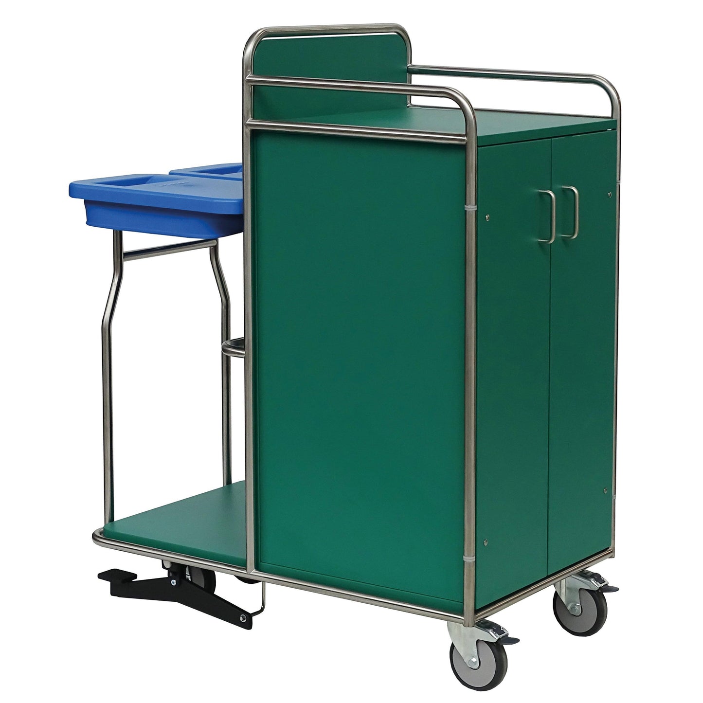 Der Novocal Stationswagen Rahmen aus Edelstahl verfügt über zwei Türen, vier Rollen, eine untere Ablage, einen oberen Griff und einen seitlich angebrachten blauen Novocal Kunststoffbehälter mit zwei Fächern. Alle Rohrverbindungen sind rundum verschweißt.